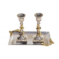 Stainless Steel Candlesticks Leaf Design Gold 10" With Tray