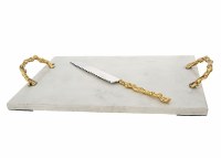 White Marble Challah Tray Wooden Design Handles with Knife