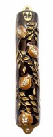 Metal Mezuzah Case Amber Pomegranate Design Clear Crystals Gold Accent 9cm