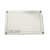 Lucite Challah Board Glass Top Embroidered Leatherette Silver Design