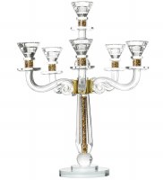 Crystal Candelabra 6 Branch Gold Stones in Stem 2 Tier Base 17.5"