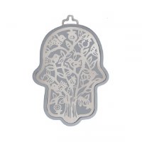Yair Emanuel Metal Hamsa Wall Hanging Birds in Tree Design Small Silver 3"
