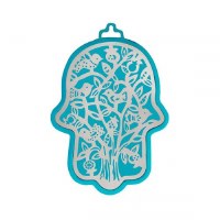 Yair Emanuel Metal Hamsa Wall Hanging Birds in Tree Design Small Turquoise 3"