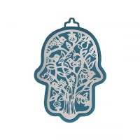 Yair Emanuel Metal Hamsa Wall Hanging Birds in Tree Design Small Blue 3"