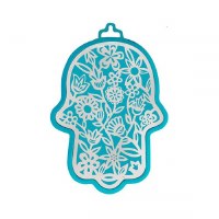 Yair Emanuel Metal Hamsa Wall Hanging Flowers Design Small Turquoise 3"