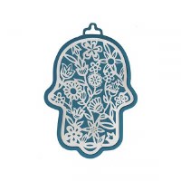 Yair Emanuel Metal Hamsa Wall Hanging Flowers Design Small Blue 3"