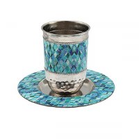 Yair Emanuel Stainless Steel Kiddush Cup and Matching Tray Hammered Style Middle Stripe Abstract Pattern Blue
