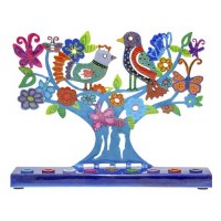 Yair Emanuel Metal Candle Menorah Hand Painted Laser Cut Design Birds Butterflies