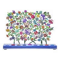 Yair Emanuel Metal Candle Menorah Hand Painted Laser Cut Design Butterflies