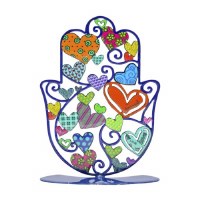 Yair Emanuel Standing Hamsa Small Size Hand Painted Colorful Hearts Design 4"