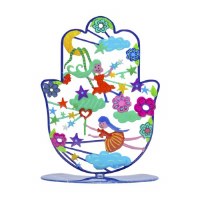 Yair Emanuel Standing Hamsa Small Size Hand Painted Colorful Fairies and Stars Design 4"