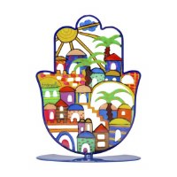 Yair Emanuel Standing Hamsa Small Size Hand Painted Colorful Jerusalem Scene Design 4"
