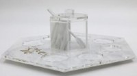 Lucite Simanim Plate Hexagon Shape Marble Design with Honey Dish, Cover and Spoon 13"