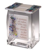 Tzedakah Box Fused Glass Woman of Valor Design