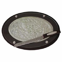 Challah Board Wood and Silver Plated and Glass Top Knife Included