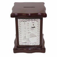 Tzedakah Box Wood & Silver Plated Large Square Shabbos Scene Design 6"