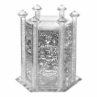 Crystal Tzedakah Box Octagon Shape Decorated with Jerusalem Silver Design