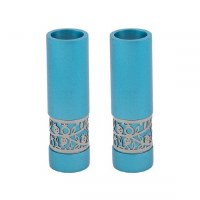 Yair Emanuel Candlesticks Turquoise Round Shaped Metal Pomegranate Design