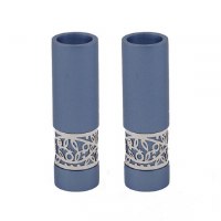 Yair Emanuel Candlesticks Blue Round Shaped Metal Pomegranate Design Accent