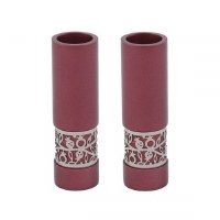 Yair Emanuel Candlesticks Maroon Round Shaped Metal Pomegranate Design Accent