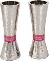 Yair Emanuel Nickel Candlesticks Cone Shaped Hammered Design Red Rings