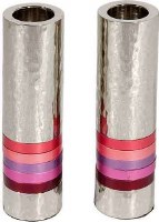 Yair Emanuel Hammered Nickel Cylinder Candlesticks - Red Rings