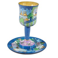 Yair Emanuel Wooden Kiddush Cup and Plate Set Blue Jerusalem Design