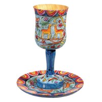 Yair Emanuel Wooden Kiddush Cup and Plate Set Oriental Design