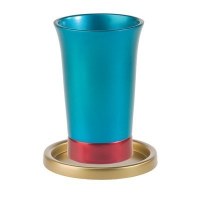 Yair Emanuel Anodized Aluminum Kiddush Cup and Saucer - Turquoise Red and Gold