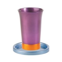 Yair Emanuel Anodized Aluminum Kiddush Cup and Saucer - Purple and Gold