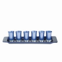 Yair Emanuel Anodized Aluminum Kiddush Set 6 Cups with Tray Blue with Silver Bottom Trim