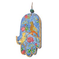 Yair Emanuel Large Wood Painted Hamsa - Birds and Pomegranates