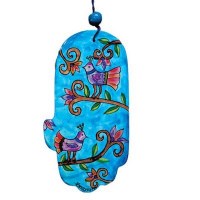 Yair Emanuel Large Wood Painted Hamsa - Blue Birds