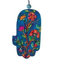 Yair Emanuel Large Wood Painted Hamsa - Flowers