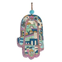 Yair Emanuel Large Wood Painted Hamsa - Blue Jerusalem