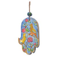 Yair Emanuel Small Wood Painted Hamsa - Pomegranates and Birds