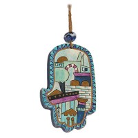 Yair Emanuel Small Wood Painted Hamsa - Blue Jerusalem
