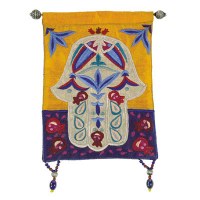 Yair Emanuel Raw Silk Large Wall Hanging - Multicolor Chamsa with Fish