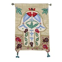 Yair Emanuel Raw Silk Large Wall Hanging - Gold Chamsa with Fish