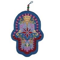 Yair Emanuel Large Embroidered Hamsa with Crystals - Oriental Blue