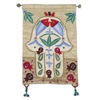 Yair Emanuel Raw Silk Small Wall Hanging - Gold Chamsa with Fish
