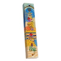 Yair Emanuel Square Wooden Mezuzah 12cm - Jerusalem View