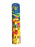Yair Emanuel Wooden Round Mezuzah Jerusalem Design Yellow 12cm