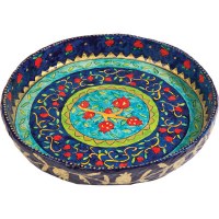 Yair Emanuel Paper Mache Bowl - Round Flat Large - Colored Pomegranates