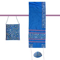 Yair Emanuel Embroidered Raw Silk Women Tallit with Tallisack - Flowers Blue 16" x 70"
