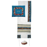 Yair Emanuel Embroidered Raw Silk Tallit Set Jerusalem Design White 16" x 70"