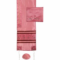 Yair Emanuel Embroidered Raw Silk Tallit Set - Pomegranates Pink 16" x 70"