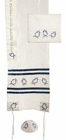 Yair Emanuel Embroidered Raw Silk Tallit Set - Pomegranates White and Blue 16" x 70"