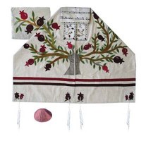 Yair Emanuel Embroidered Raw Silk Tallit Tree of Life Pomegranates Design White 17" X 75"
