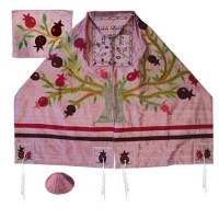 Yair Emanuel Embroidered Raw Silk Tallit Set with Tree of life and Pomegranates Pink 17" x 75"